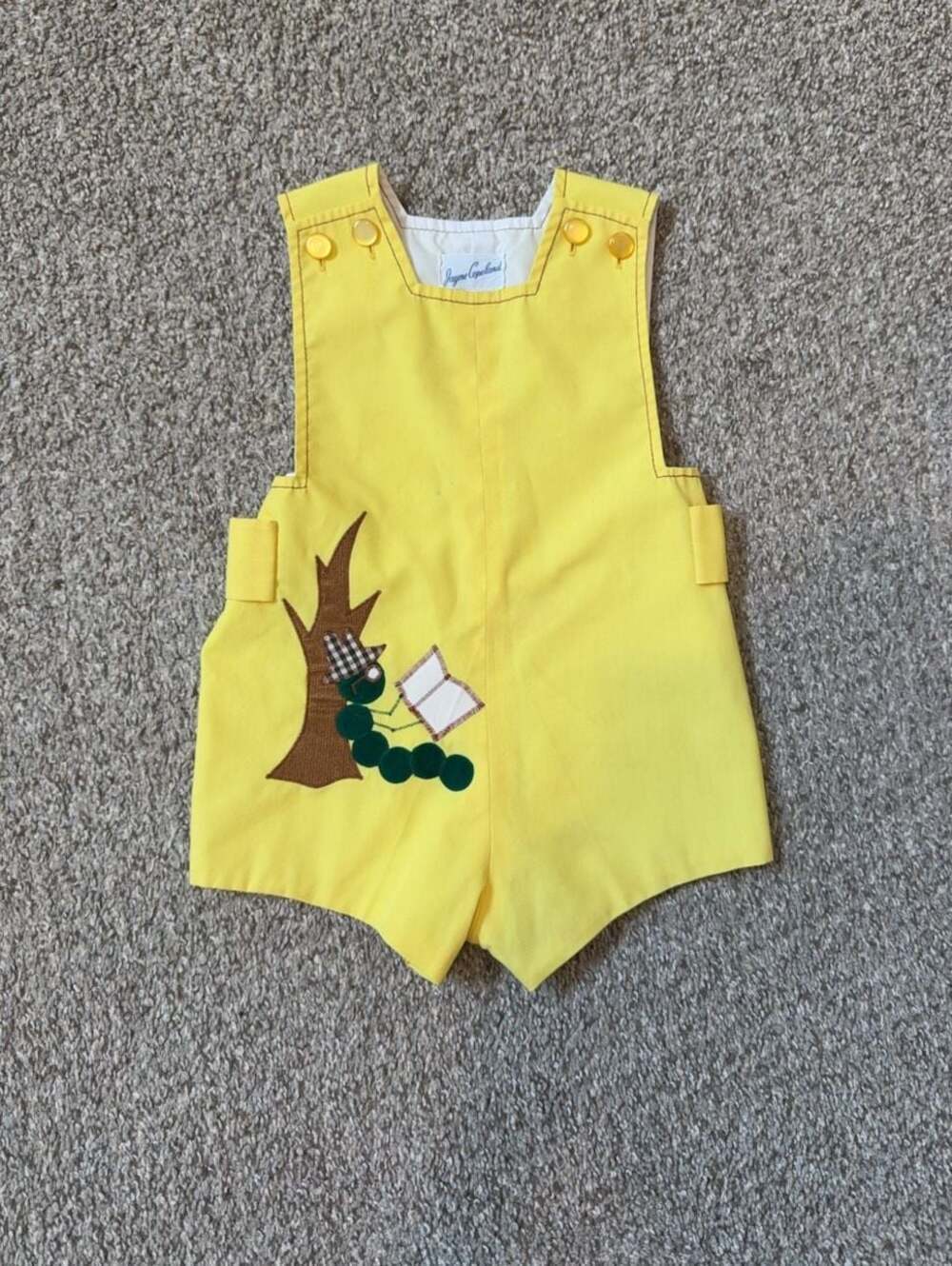 Jayne Copeland Vintage Yellow Caterpillar Applique Shortall Romper